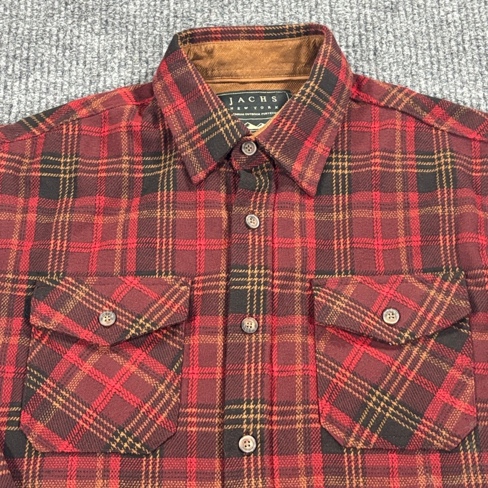 Jachs New York Flannel Shirt Mens Large Red Plaid Corduroy‎ Collar Long Sleeve